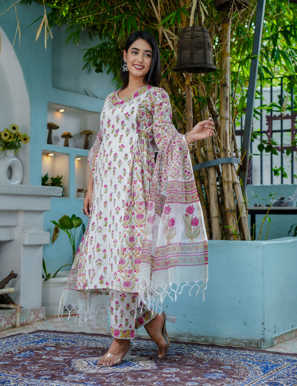 Tulip Bloom Hand-Block Printed Cotton A-Line Angrakha Kurta Set with Kota Doria Dupatta - HL42