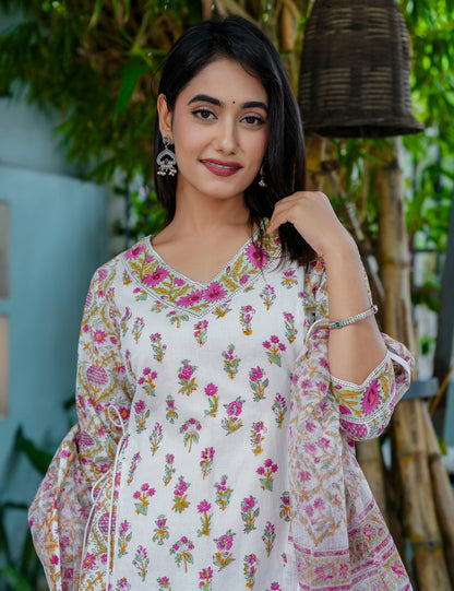 Tulip Bloom Hand-Block Printed Cotton A-Line Angrakha Kurta Set with Kota Doria Dupatta - HL42