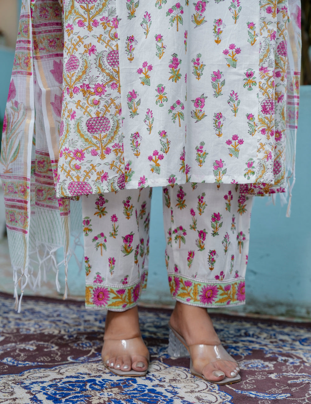 Tulip Bloom Hand-Block Printed Cotton A-Line Angrakha Kurta Set with Kota Doria Dupatta - HL42