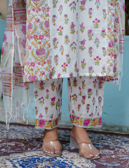 Tulip Bloom Hand-Block Printed Cotton A-Line Angrakha Kurta Set with Kota Doria Dupatta - HL42
