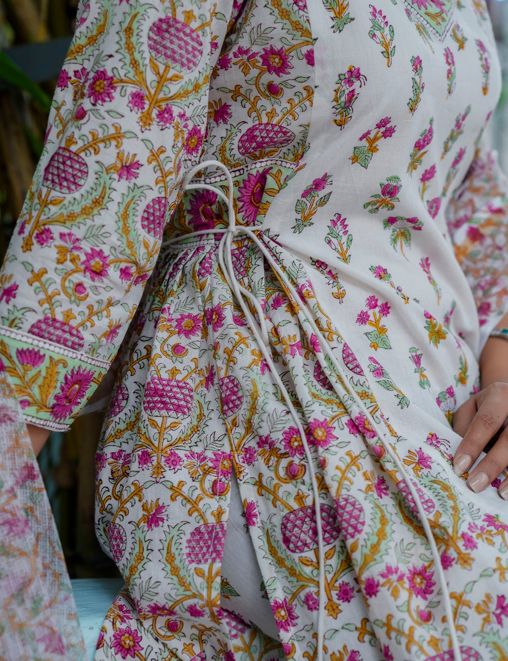 Tulip Bloom Hand-Block Printed Cotton A-Line Angrakha Kurta Set with Kota Doria Dupatta - HL42