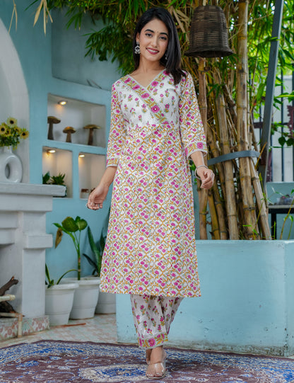 Tulip Bloom Hand-Block Printed Cotton V-Neck Kurta Set with Kota Doria Dupatta - HL43