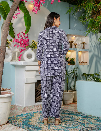 Geometric block pattern Sanganeri Printed Relaxed Fit Cotton Co-ord Set - HL143