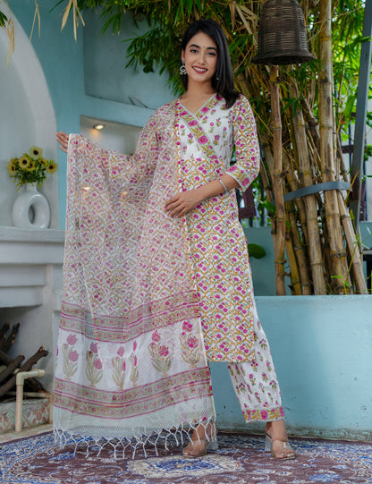 Tulip Bloom Hand-Block Printed Cotton V-Neck Kurta Set with Kota Doria Dupatta - HL43