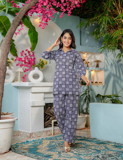 Geometric block pattern Sanganeri Printed Relaxed Fit Cotton Co-ord Set - HL143