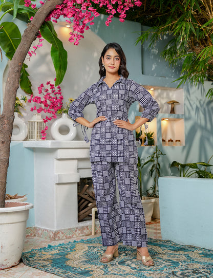 Geometric block pattern Sanganeri Printed Relaxed Fit Cotton Co-ord Set - HL143