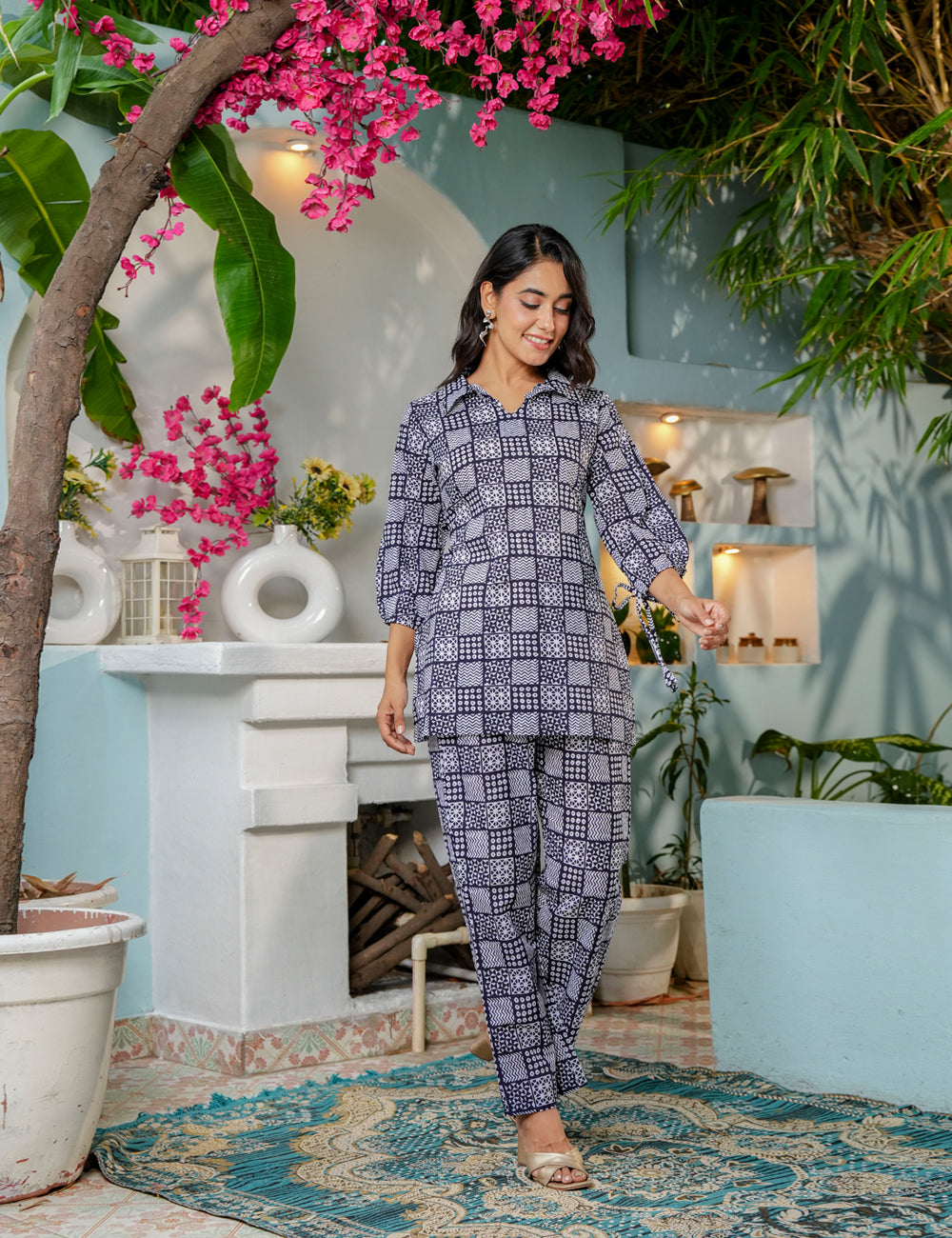 Geometric block pattern Sanganeri Printed Relaxed Fit Cotton Co-ord Set - HL143