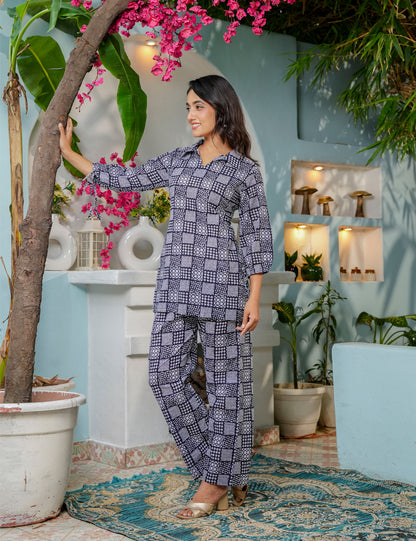 Geometric block pattern Sanganeri Printed Relaxed Fit Cotton Co-ord Set - HL143