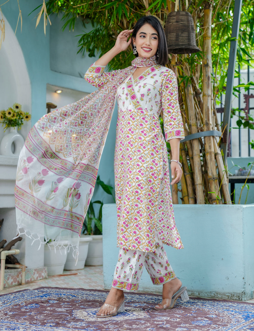 Tulip Bloom Hand-Block Printed Cotton V-Neck Kurta Set with Kota Doria Dupatta - HL43