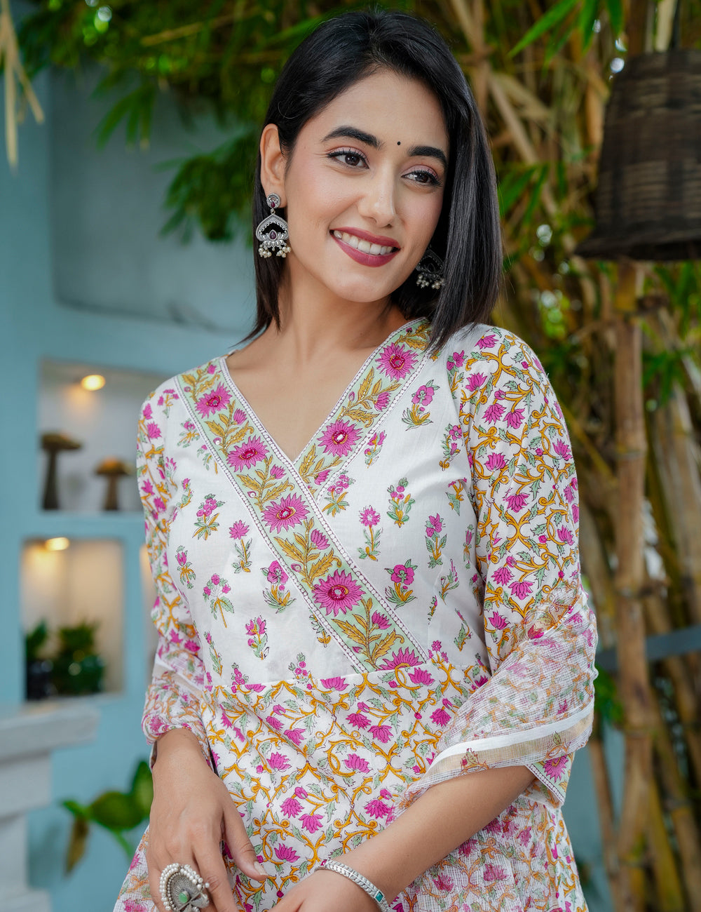 Tulip Bloom Hand-Block Printed Cotton V-Neck Kurta Set with Kota Doria Dupatta - HL43