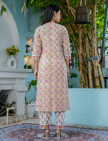 Tulip Bloom Hand-Block Printed Cotton V-Neck Kurta Set with Kota Doria Dupatta - HL43