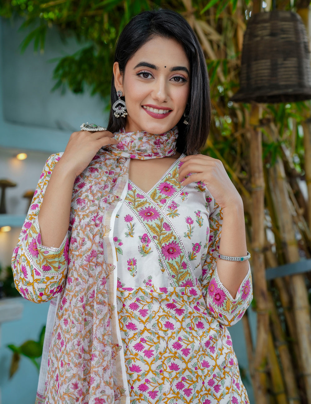 Tulip Bloom Hand-Block Printed Cotton V-Neck Kurta Set with Kota Doria Dupatta - HL43