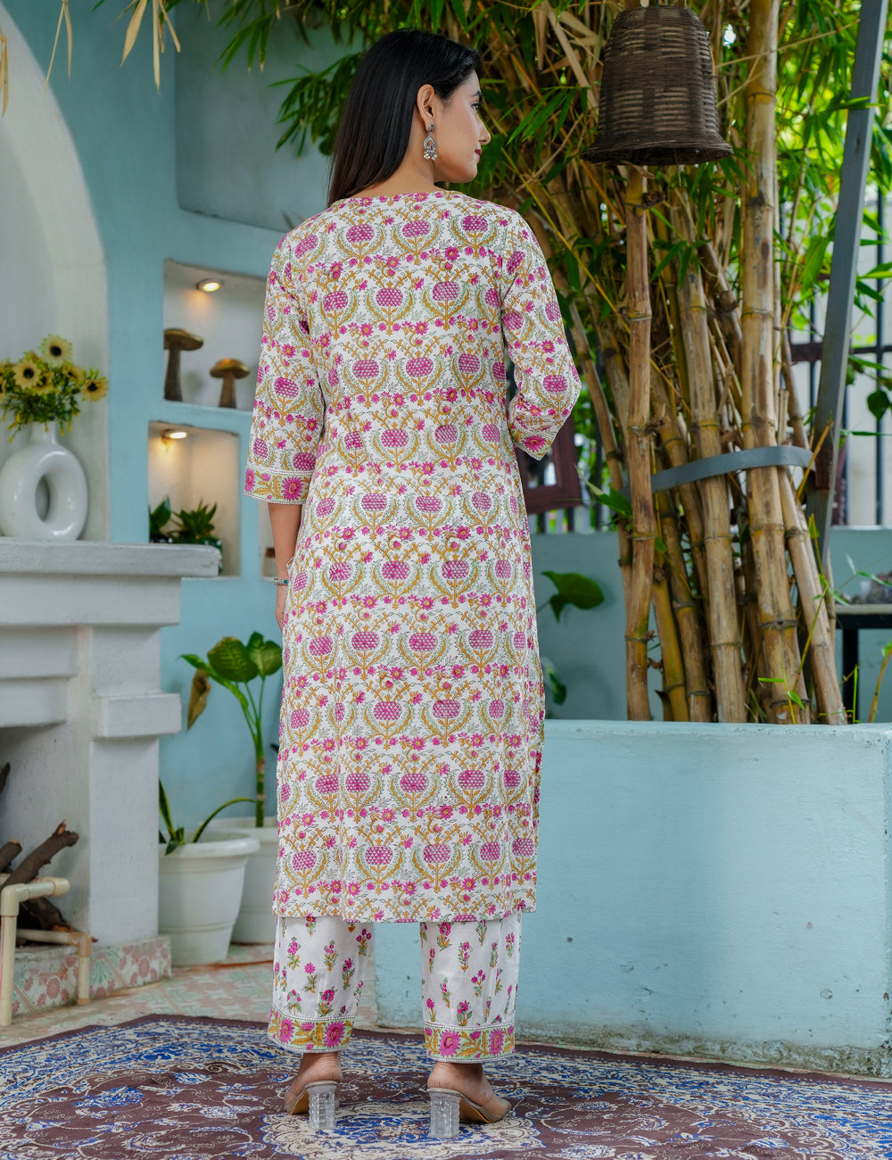 Tulip Bloom Hand-Block Printed Cotton V-Neck Kurta Set with Kota Doria Dupatta - HL44