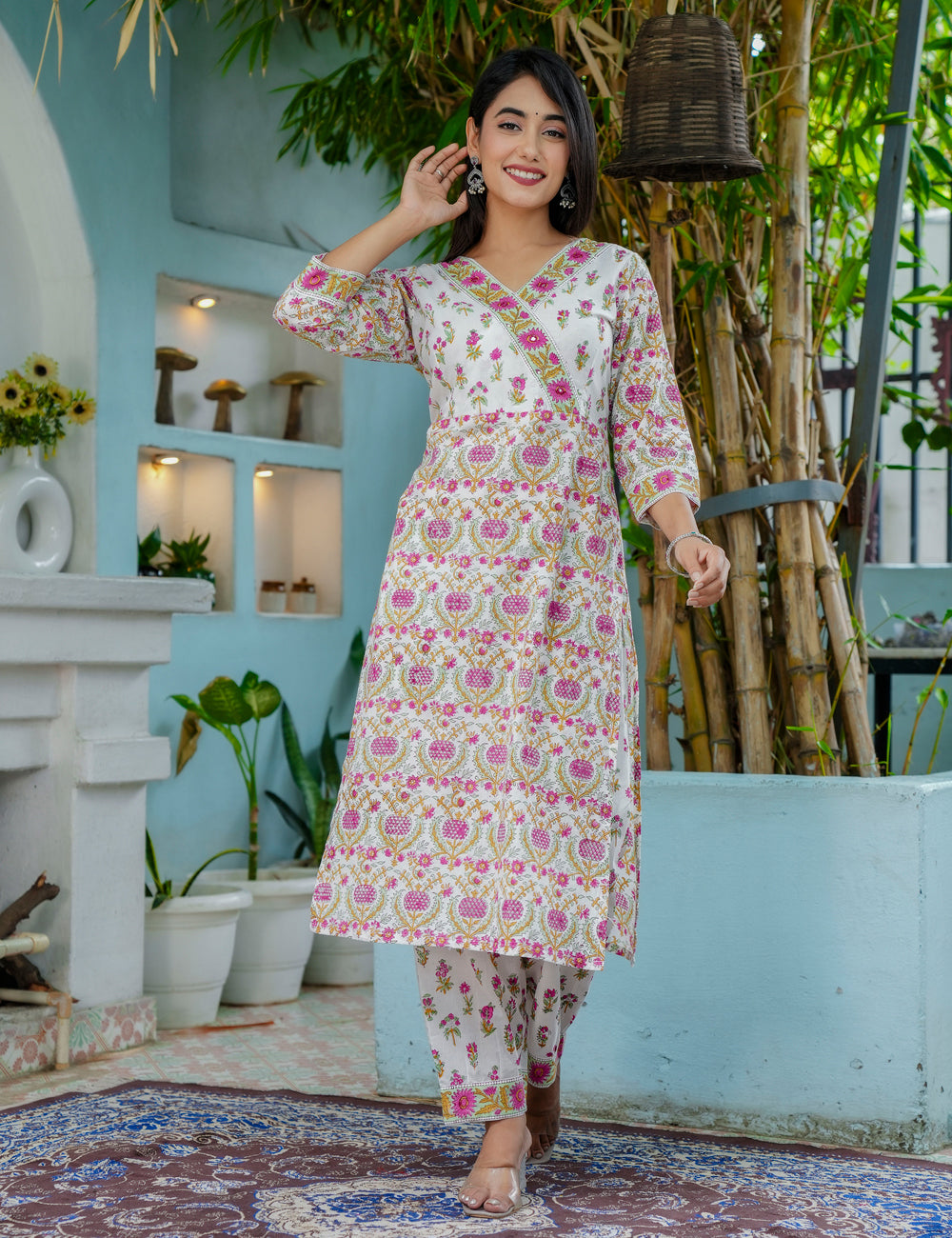 Tulip Bloom Hand-Block Printed Cotton V-Neck Kurta Set with Kota Doria Dupatta - HL44