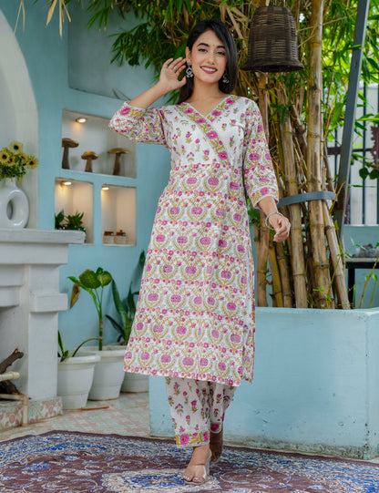 Tulip Bloom Hand-Block Printed Cotton V-Neck Kurta Set with Kota Doria Dupatta - HL44