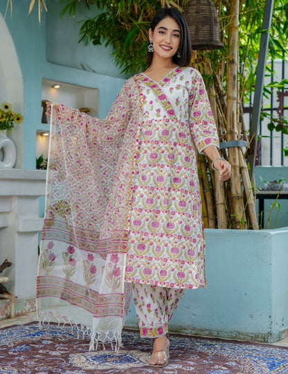 Tulip Bloom Hand-Block Printed Cotton V-Neck Kurta Set with Kota Doria Dupatta - HL44