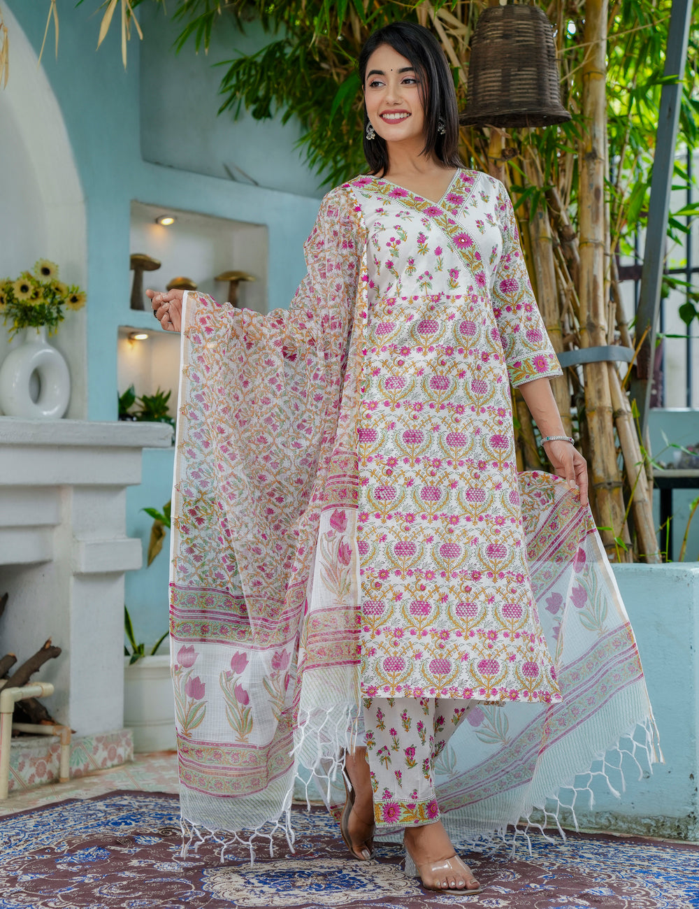 Tulip Bloom Hand-Block Printed Cotton V-Neck Kurta Set with Kota Doria Dupatta - HL44