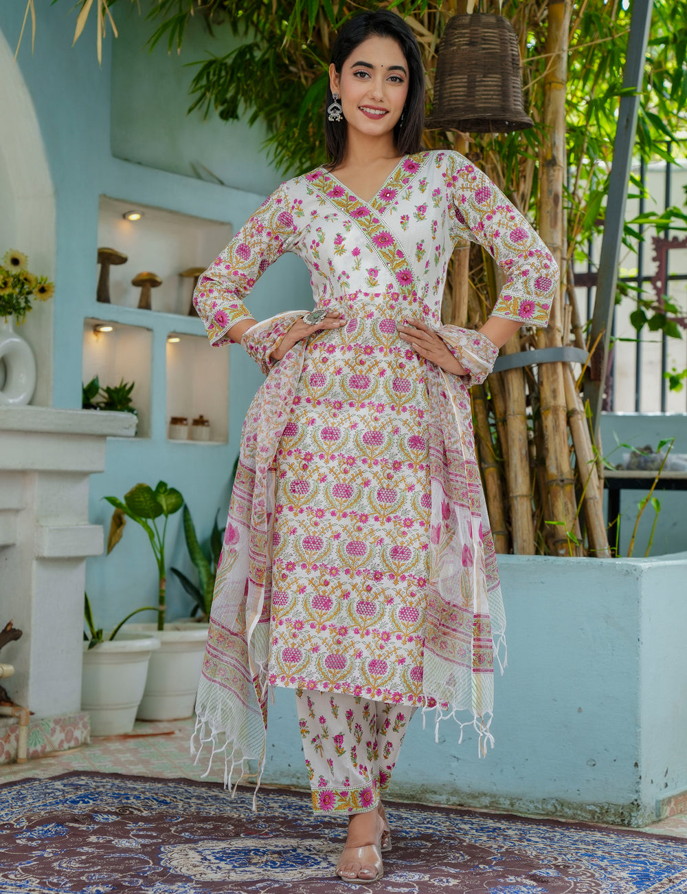 Tulip Bloom Hand-Block Printed Cotton V-Neck Kurta Set with Kota Doria Dupatta - HL44