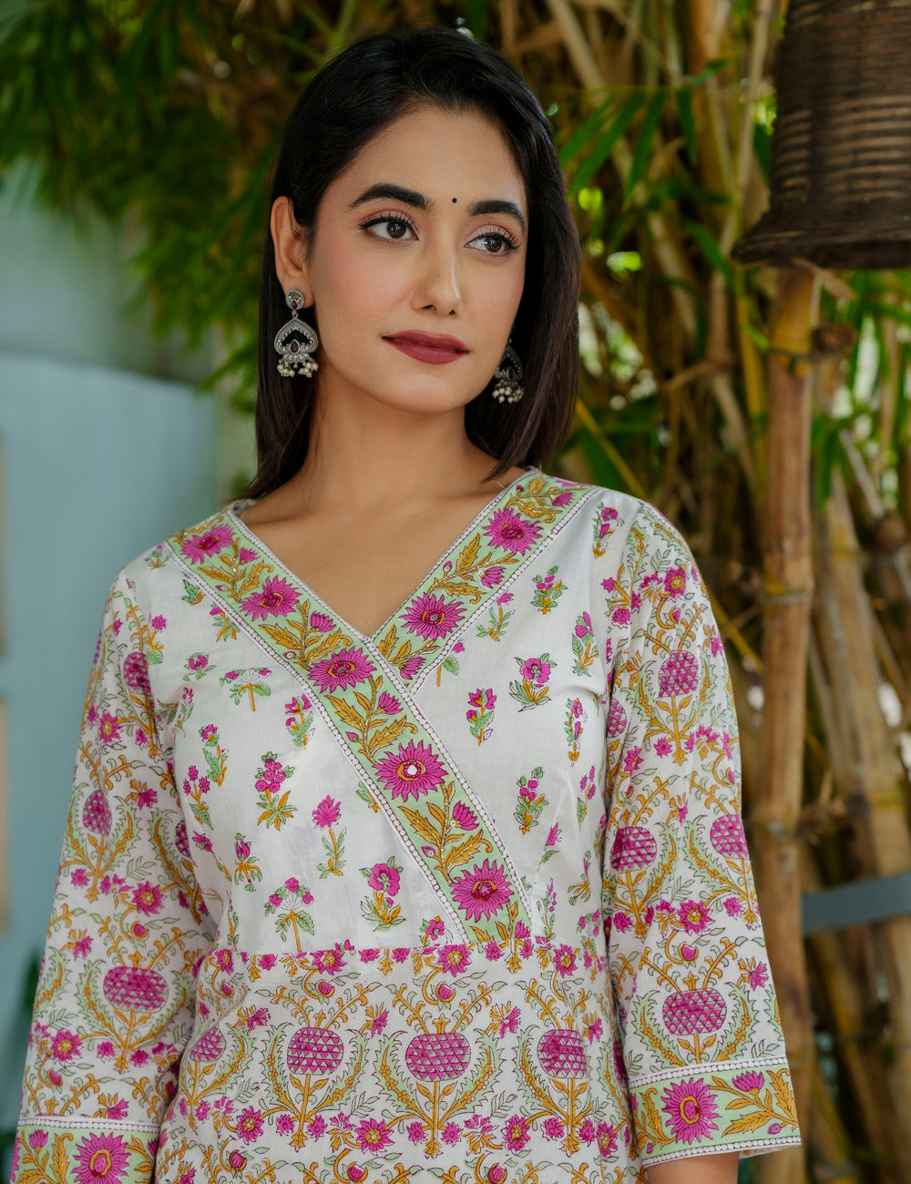 Tulip Bloom Hand-Block Printed Cotton V-Neck Kurta Set with Kota Doria Dupatta - HL44