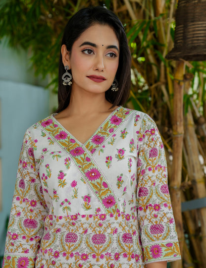 Tulip Bloom Hand-Block Printed Cotton V-Neck Kurta Set with Kota Doria Dupatta - HL44