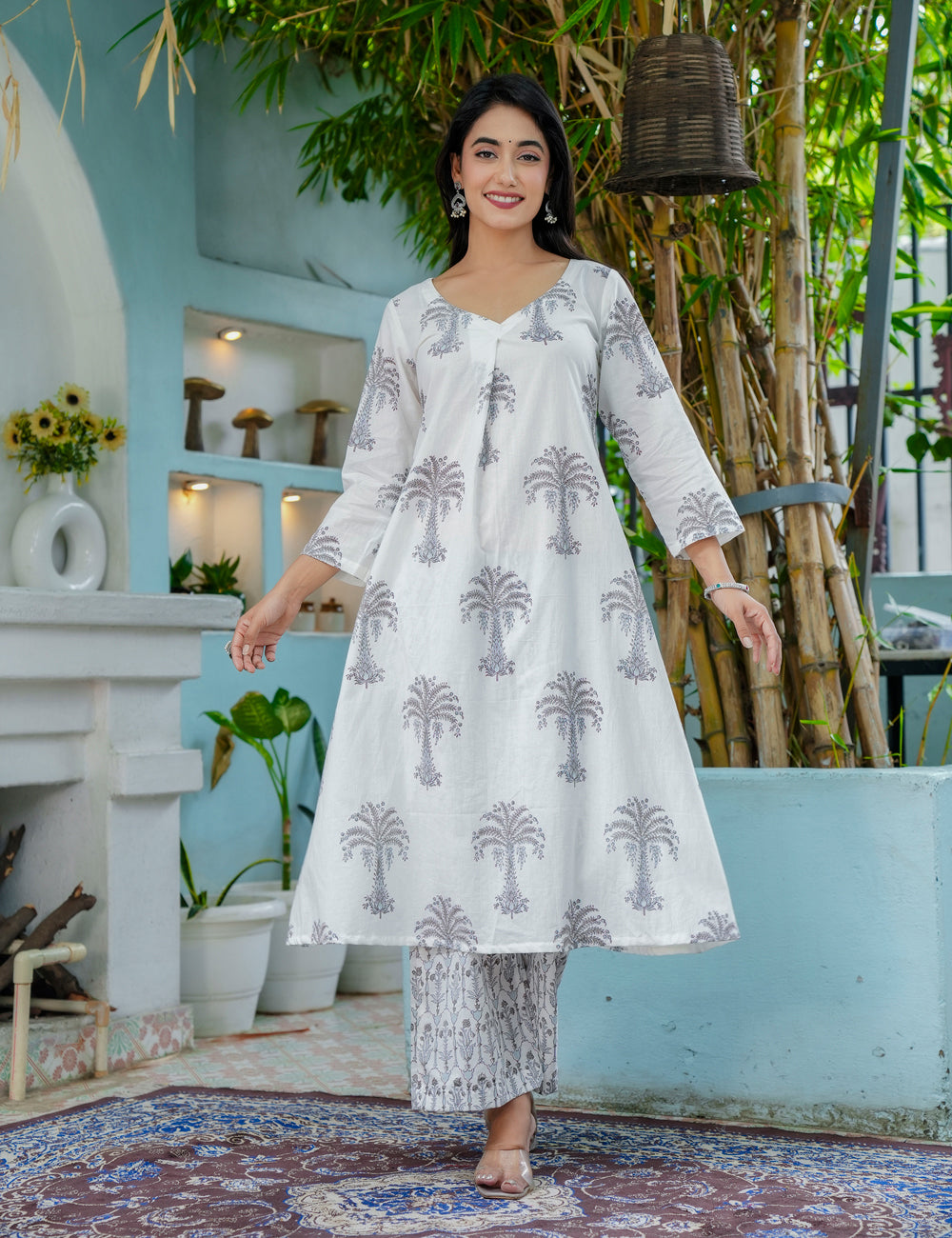 Silver Palm Hand-Block Printed Cotton A-Line Kurta Set with Kota Doria Dupatta - HL45