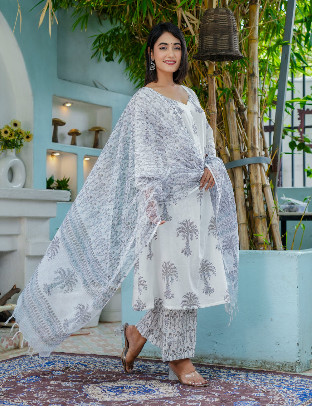 Silver Palm Hand-Block Printed Cotton A-Line Kurta Set with Kota Doria Dupatta - HL45