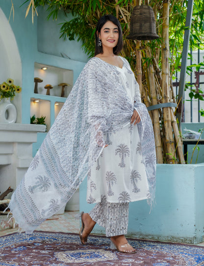 Silver Palm Hand-Block Printed Cotton A-Line Kurta Set with Kota Doria Dupatta - HL45