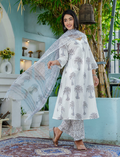 Silver Palm Hand-Block Printed Cotton A-Line Kurta Set with Kota Doria Dupatta - HL45