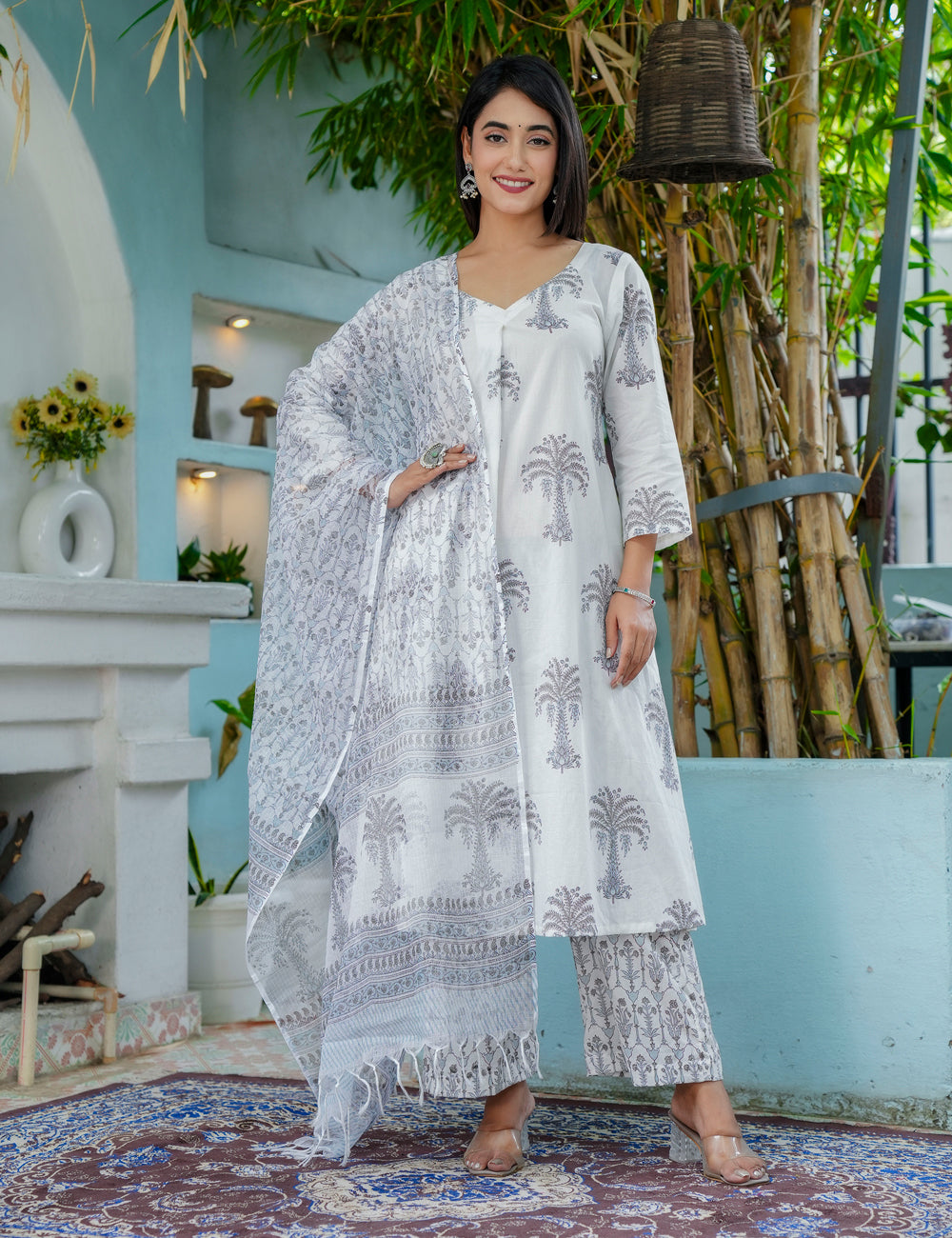 Silver Palm Hand-Block Printed Cotton A-Line Kurta Set with Kota Doria Dupatta - HL45