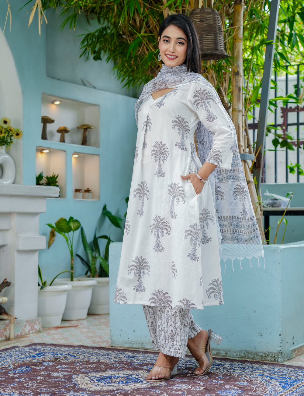 Silver Palm Hand-Block Printed Cotton A-Line Kurta Set with Kota Doria Dupatta - HL45