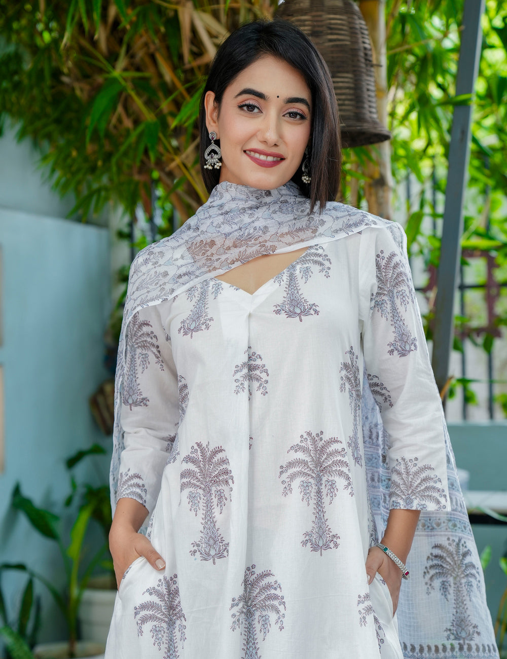 Silver Palm Hand-Block Printed Cotton A-Line Kurta Set with Kota Doria Dupatta - HL45