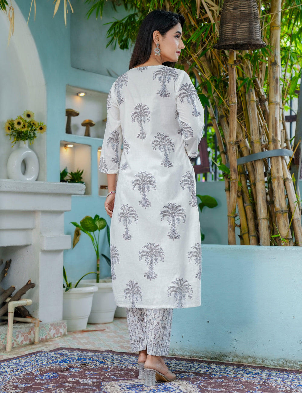 Silver Palm Hand-Block Printed Cotton A-Line V-neck Kurta Set with Kota Doria Dupatta - HL46