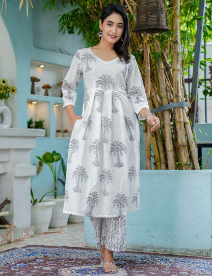 Silver Palm Hand-Block Printed Cotton A-Line V-neck Kurta Set with Kota Doria Dupatta - HL46