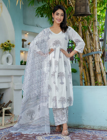 Silver Palm Hand-Block Printed Cotton A-Line V-neck Kurta Set with Kota Doria Dupatta - HL46