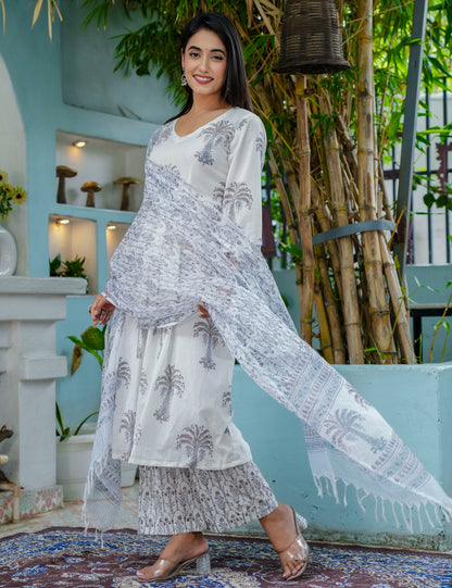 Silver Palm Hand-Block Printed Cotton A-Line V-neck Kurta Set with Kota Doria Dupatta - HL46
