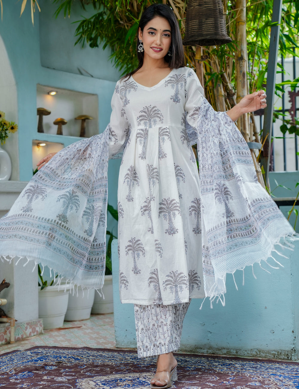 Silver Palm Hand-Block Printed Cotton A-Line V-neck Kurta Set with Kota Doria Dupatta - HL46