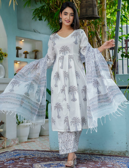 Silver Palm Hand-Block Printed Cotton A-Line V-neck Kurta Set with Kota Doria Dupatta - HL46