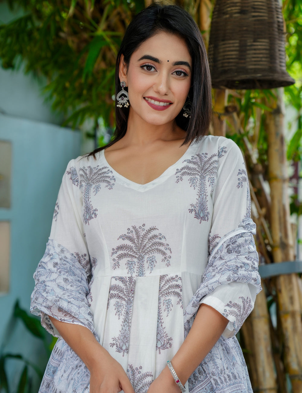 Silver Palm Hand-Block Printed Cotton A-Line V-neck Kurta Set with Kota Doria Dupatta - HL46