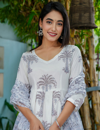 Silver Palm Hand-Block Printed Cotton A-Line V-neck Kurta Set with Kota Doria Dupatta - HL46