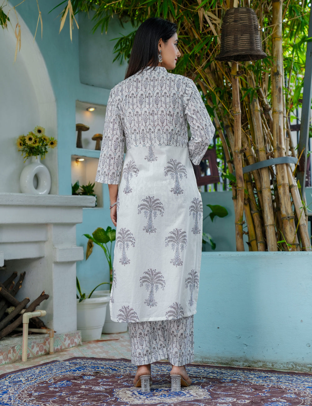Straight-cut Silver Palm Hand-Block Printed Cotton Calf-length Kurta Set with Kota Doria Dupatta - HL47