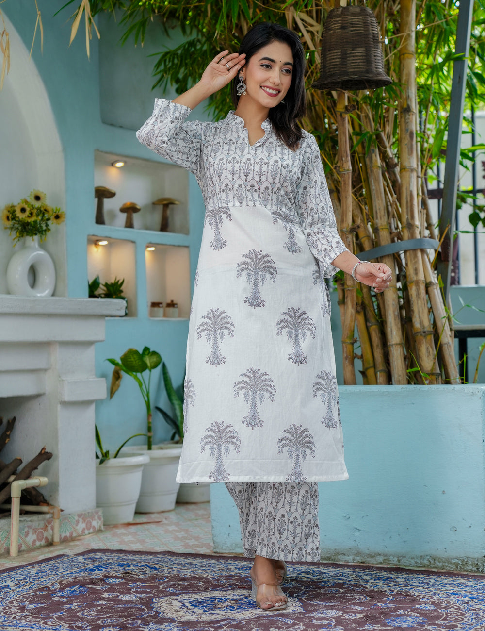 Straight-cut Silver Palm Hand-Block Printed Cotton Calf-length Kurta Set with Kota Doria Dupatta - HL47