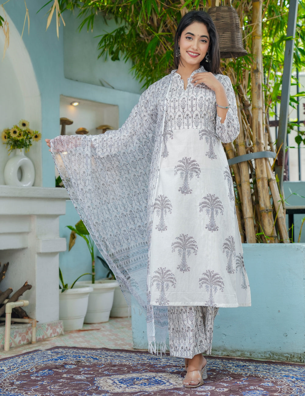 Straight-cut Silver Palm Hand-Block Printed Cotton Calf-length Kurta Set with Kota Doria Dupatta - HL47