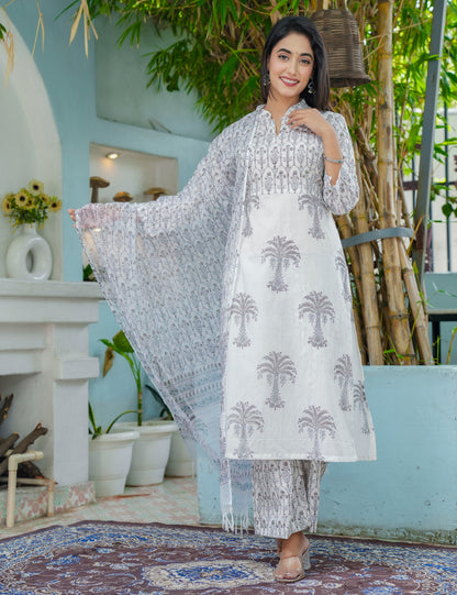 Straight-cut Silver Palm Hand-Block Printed Cotton Calf-length Kurta Set with Kota Doria Dupatta - HL47