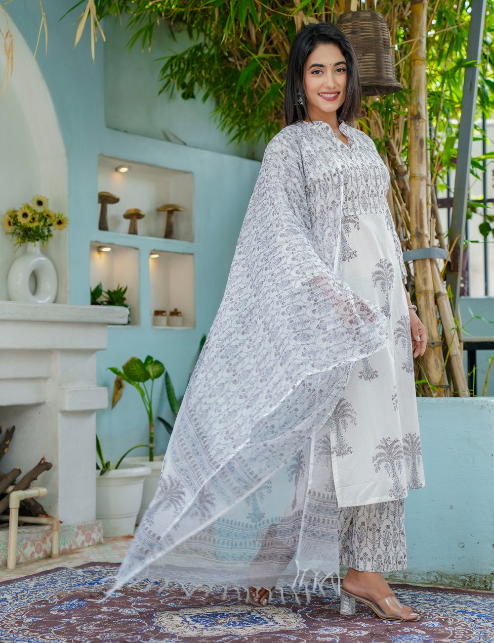 Straight-cut Silver Palm Hand-Block Printed Cotton Calf-length Kurta Set with Kota Doria Dupatta - HL47