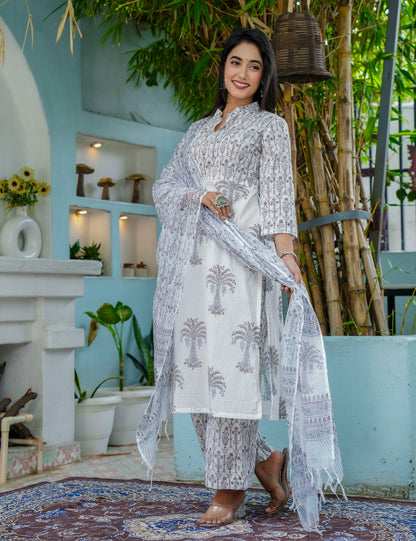 Straight-cut Silver Palm Hand-Block Printed Cotton Calf-length Kurta Set with Kota Doria Dupatta - HL47