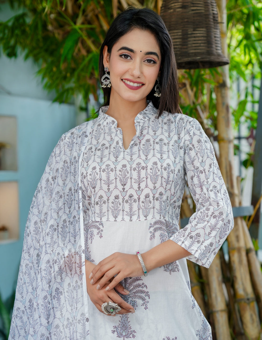 Straight-cut Silver Palm Hand-Block Printed Cotton Calf-length Kurta Set with Kota Doria Dupatta - HL47