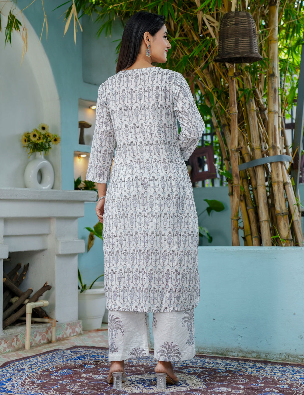 Silver Palm Hand Block printed cotton A-line kurta set with Flattering Flare and Kota Doria dupatta - HL49