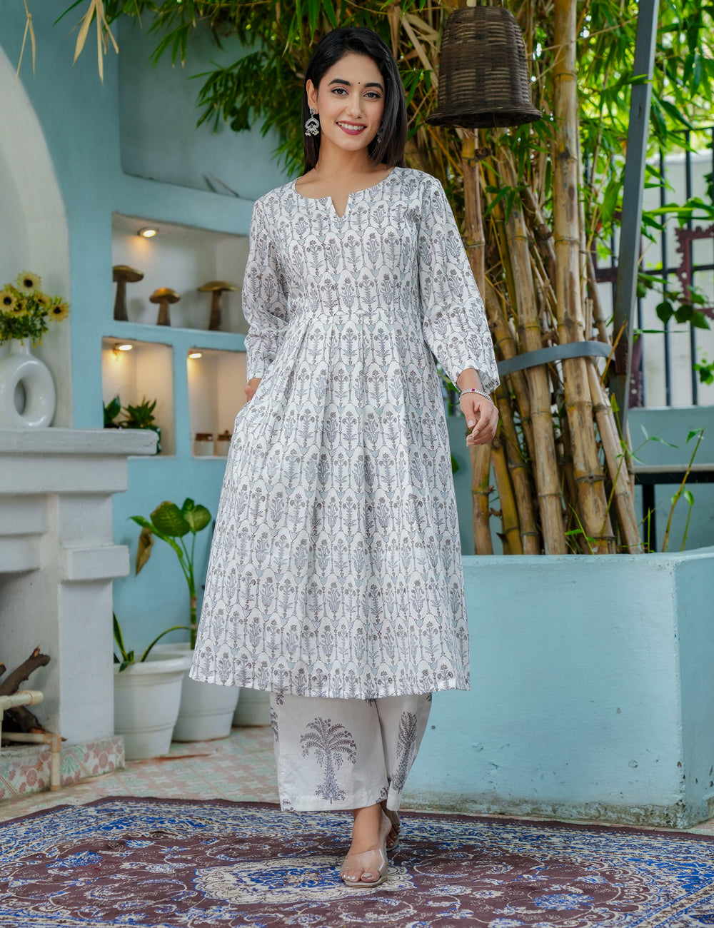 Silver Palm Hand Block printed cotton A-line kurta set with Flattering Flare and Kota Doria dupatta - HL49