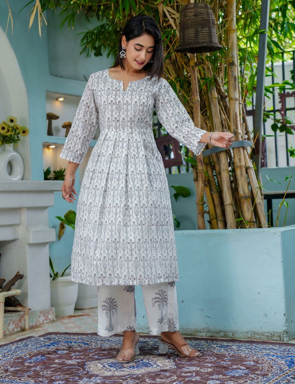 Silver Palm Hand Block printed cotton A-line kurta set with Flattering Flare and Kota Doria dupatta - HL49