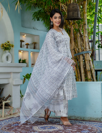 Silver Palm Hand Block printed cotton A-line kurta set with Flattering Flare and Kota Doria dupatta - HL49
